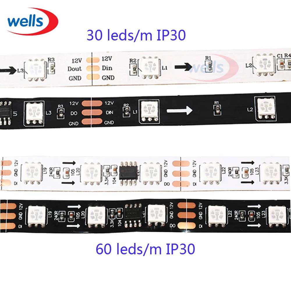 WS2811 DC12V led strip 5m 30/48/60 leds/m,10/16/20 pcs ws2811 ic/meter, White/Black PCB, 2811 led Addressable Digital strip