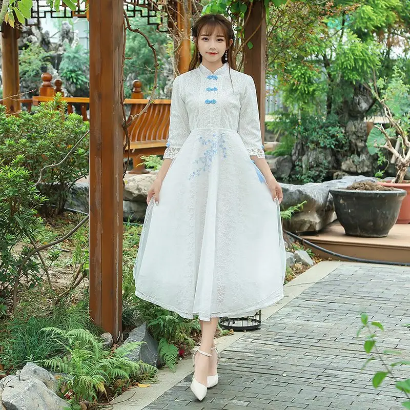Новое винтажное женское платье, кружевное тонкое китайское платье с вышивкой, длинное платье чонсам, сказочное белое 8091