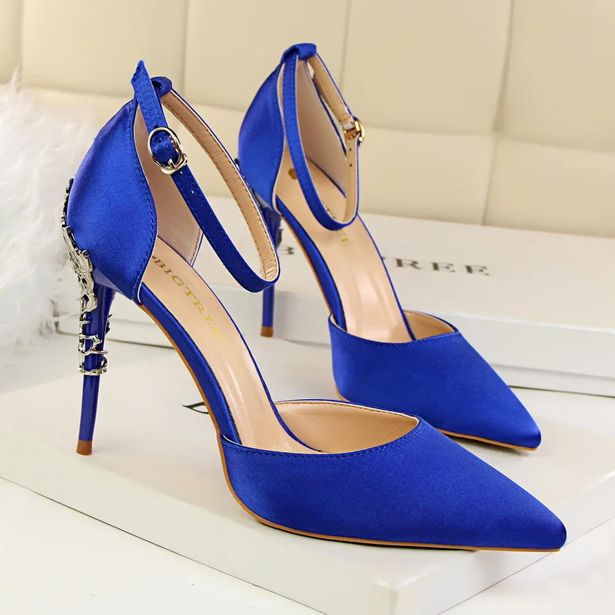 

New Party Women Sandals Shoes Satin Buckle Strap Shallow 10cm Thin High Heels Carved Metal Heel Sexy Lady Wedding Female Shoes
