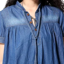 2017 New Vintage Ethnic Tropical Floral Embroidery Dresses Stand Collar Loose Denim Summer Style Casual Women's Elegant Dress