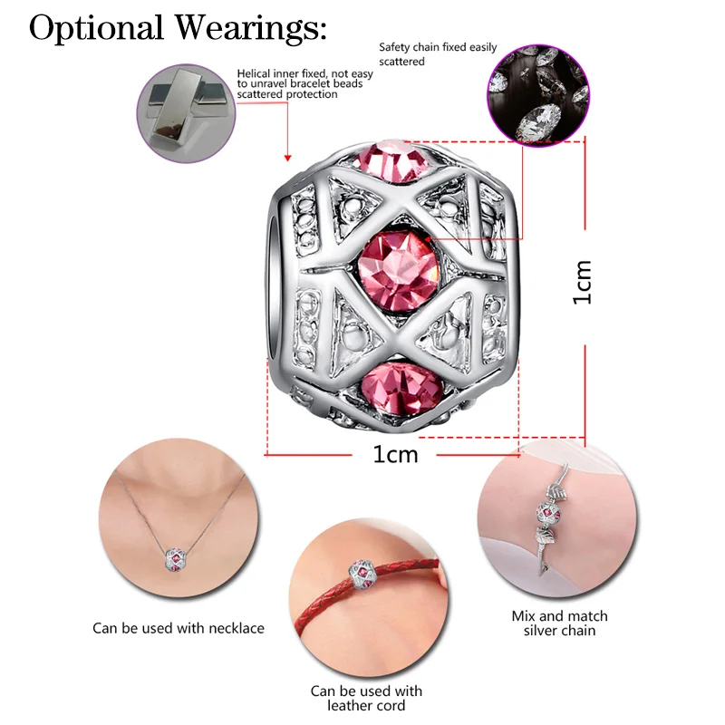 ELESHE Luxury Silver Color Sparkling Pink Crystal Spacer Beads Fit Original Charms Bracelet DIY Jewelry Accessories