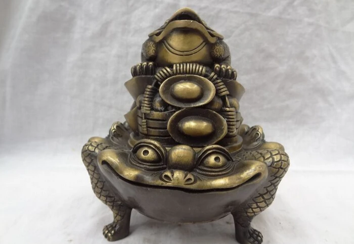 

song voge gem S4717 Chinese Bronze YuanBao Coin Hoptoad 3 Toad Face Statue Box Incense Burner Censer