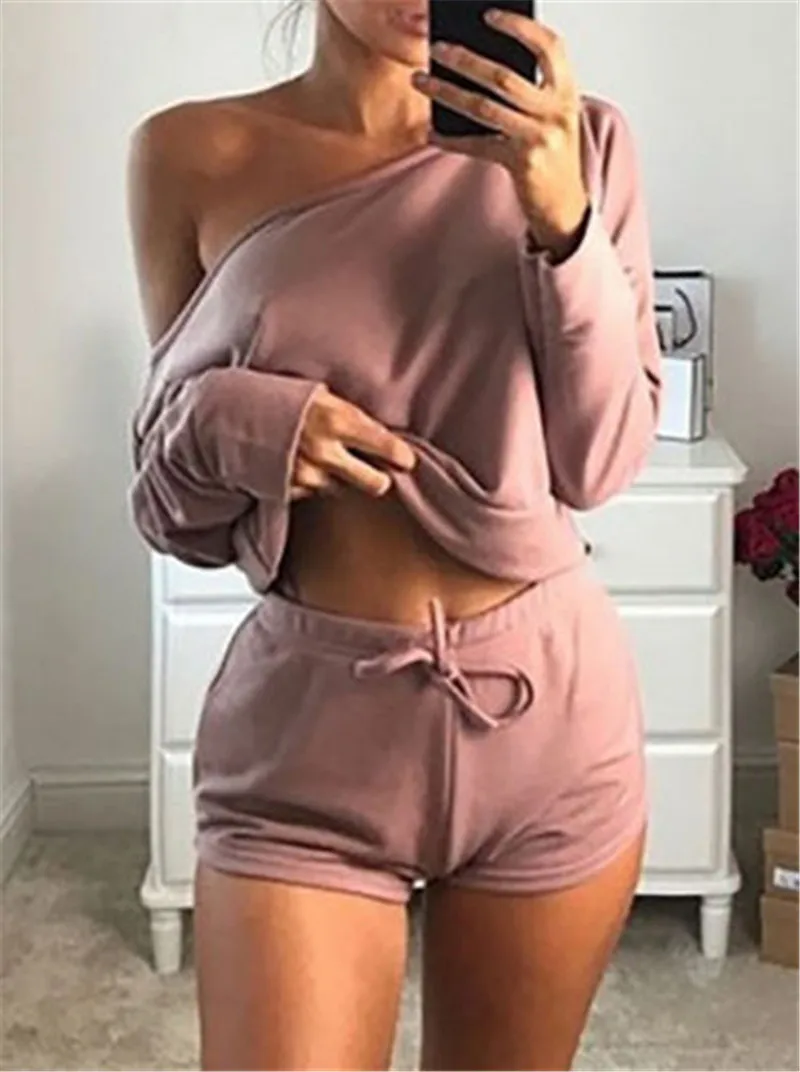 

Summer Sexy Women Two Pieces Slash Neck Hoodies Tops Cotton Drawstring Shorts Lady Spring Casual Suit Plus Size Mujer