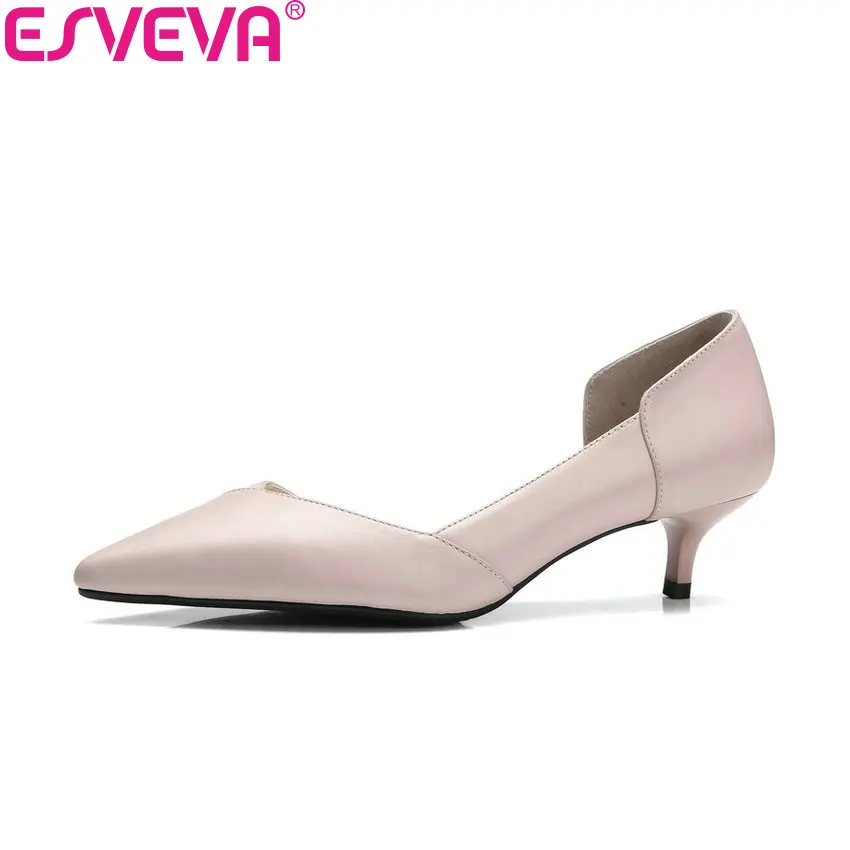 

ESVEVA 2018 Women Pumps Pointed Toe Elegant Pink Cow Leather PU Thin Med Heels Spring and Autumn Slip on Women Shoes Size 34-41
