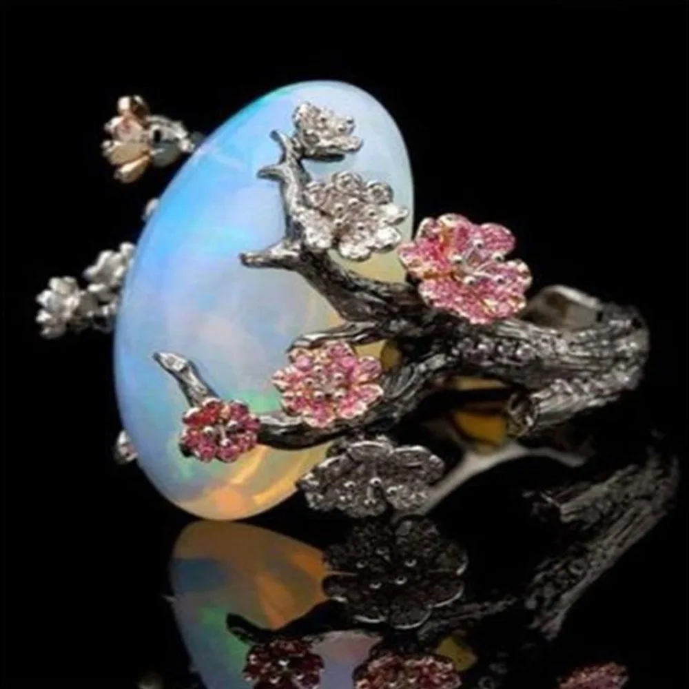 

Beautiful Tree & Flower Ring Jewelry Black Romantic CZ Big White Fire Opal Ring Women Bands Finger Ring #278673
