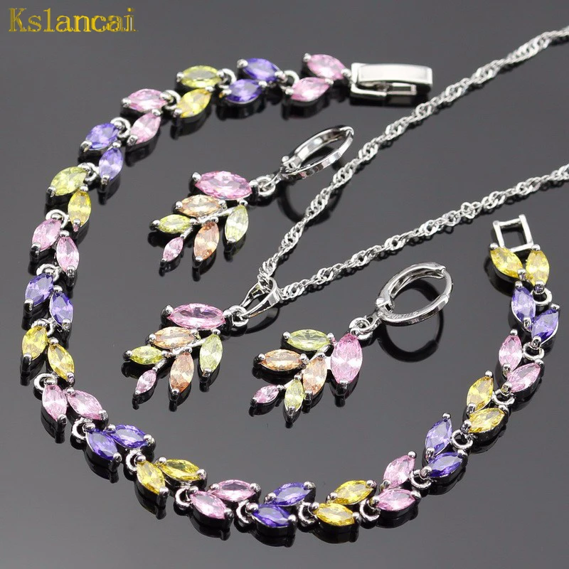 

Lan Silver Plated Jewelry Sets AAA Zircon Multicolor Stone For Necklace Pendant /Earring /Bracelet For Wedding /Party