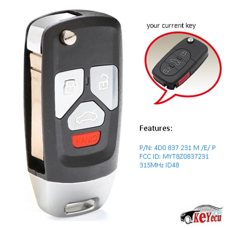 

KEYECU Replacement Upgraded Replacement Flip Remote Key Fob 315MHz ID48 for Audi TT A4 A6 A8 97-05 FCC ID: MYT8Z0837231