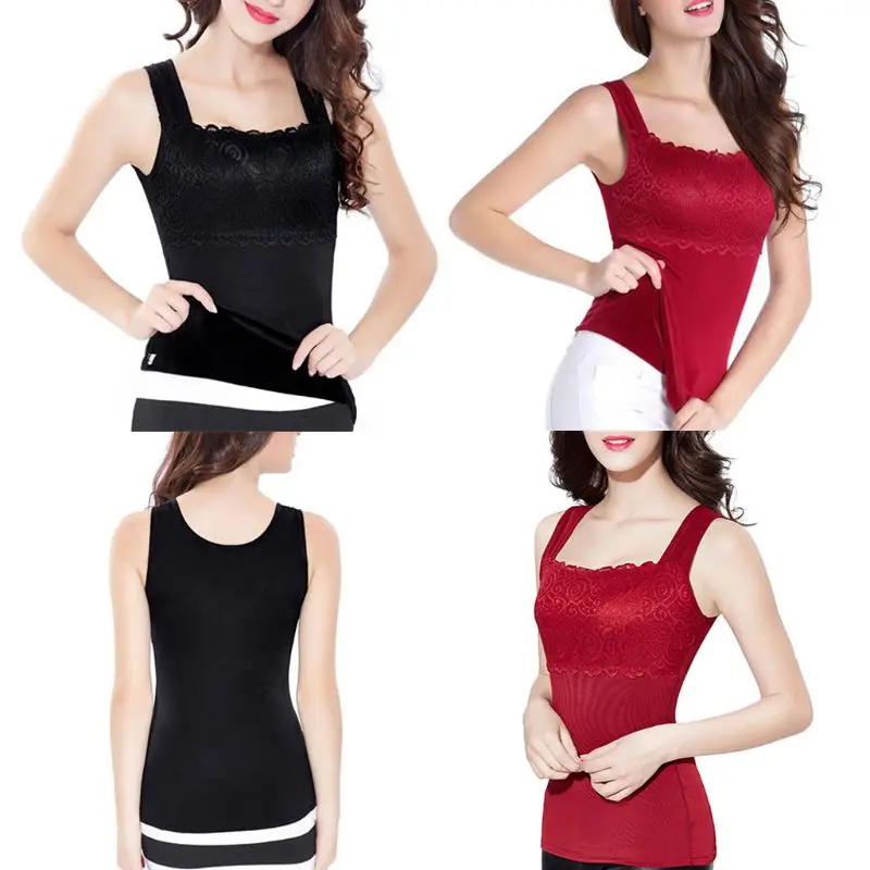 

Women Winter Warm Thickened Tank Tops Skinny Thermal Underwear Body Sculpting Vest Floral Lace Patchwork Solid Basic Shirt