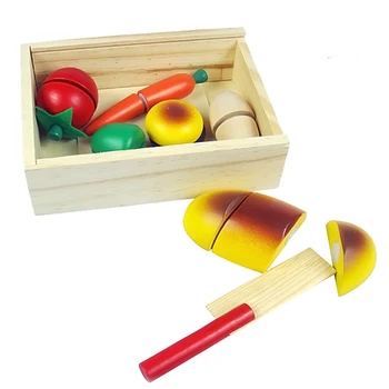 

1 Wooden Box of Kitchen Food Bread Cutting Fruits Vegetables Pretent Play Funny Education Toy Set Cutting Tools Knifes for Kids