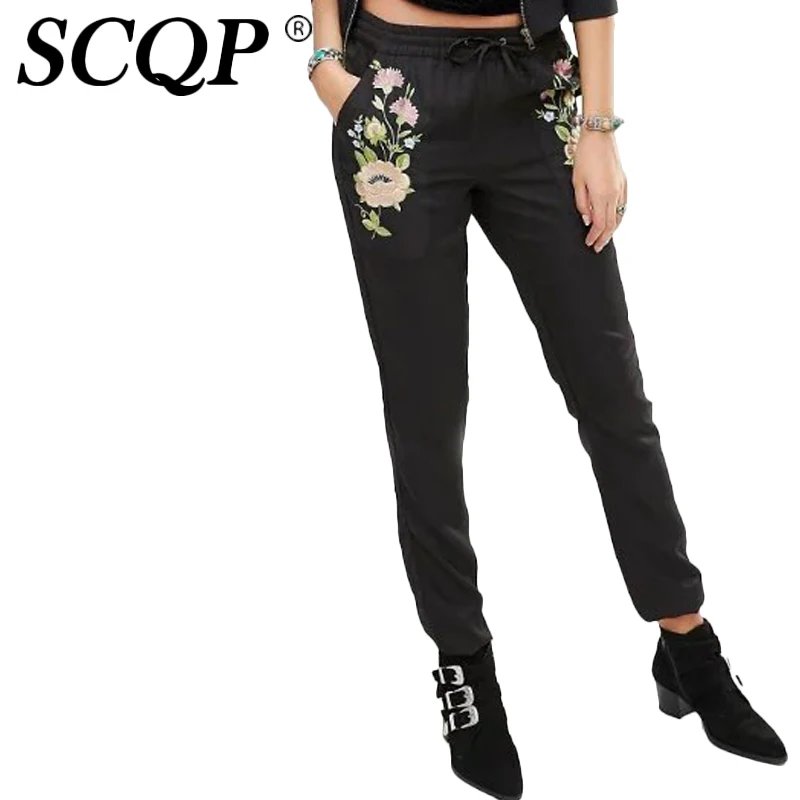 

SCQP Black Cotton Solid Casual Jeans Woman Mid Waist Autumn Embroidery Floral Women Pencil Pants 2016 Pockets Trousers Women