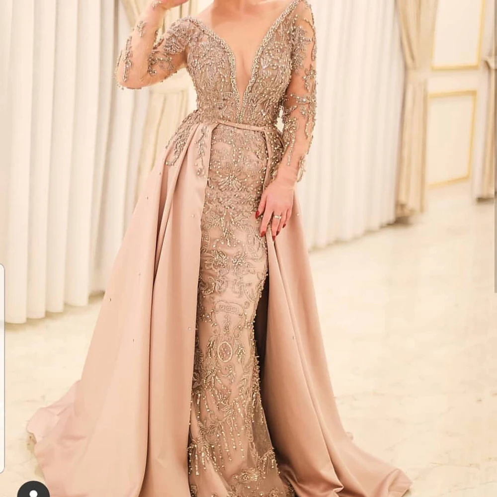 

champagne prom dresses 2019 long sleeve beading sequins detachable train crystal beading evening dresses arabic