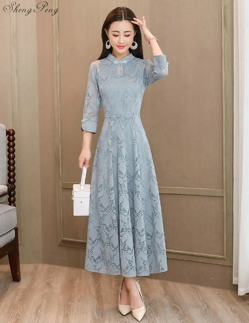 Кружева Тонкий Qipao длинные китайский вечернее платье элегантные Для женщин нарядные платья для свадьбы Лето Cheongsam Винтаж Q315