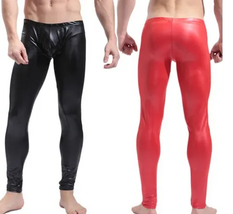 Black-Red-Men-Stretch-Faux-Leather-Latex-Pencil-Leggings-Low-Waist-Skinny-Tight-Bodywear-Exotic-Gay