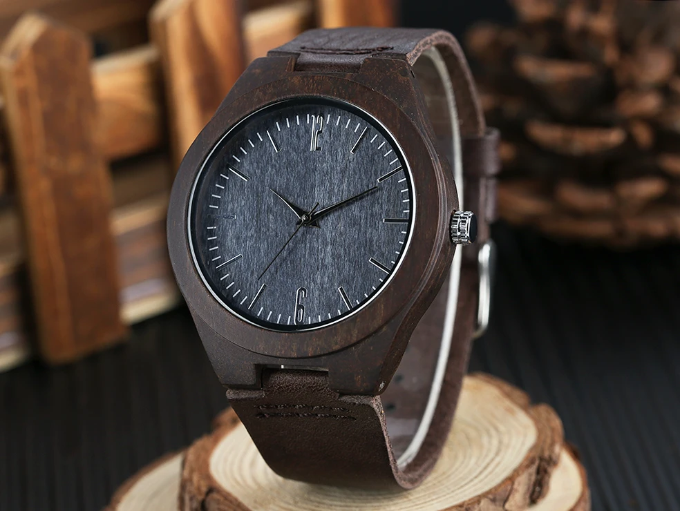 YISUYA New Arrival Men Genuine Leather Band Strap Wrist Watch Nature Wood Creative Dark Brown Women Modern Fashion Bamboo Sport (13)