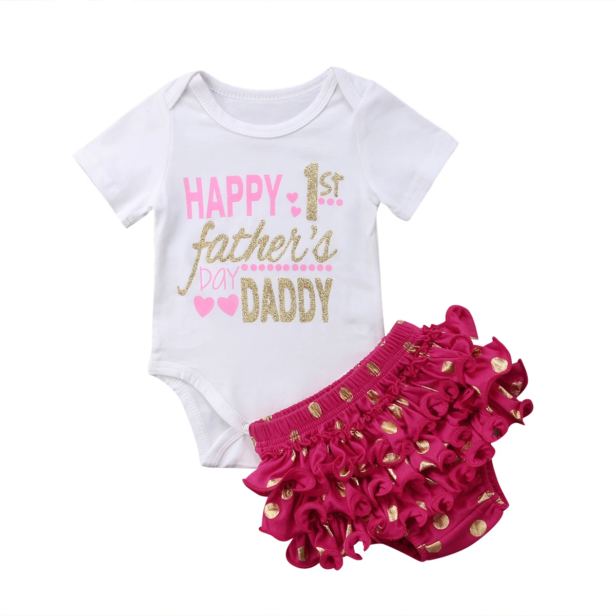 

Happy 1st Father's Day Newborn Infant Baby Girl Short Sleeve Letter Romper Tops+Polka Dot Ruffles Baby Bloomers Shorts 2PCS Set