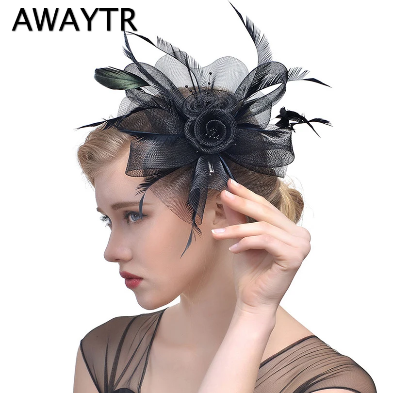 

Feather Fascinator Hat Clips AWAYTR Women Fancy Black Birdcage Veil Wedding Hats Hair Accessories Headband Hat Lady Bride Party