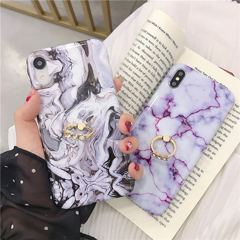 

Ottwn Marble Texture Phone Cases For iphone 6 6S 7 8 Plus XS Max XR X Finger Ring Jewelled Luxury Phone Back Case Cover Shells