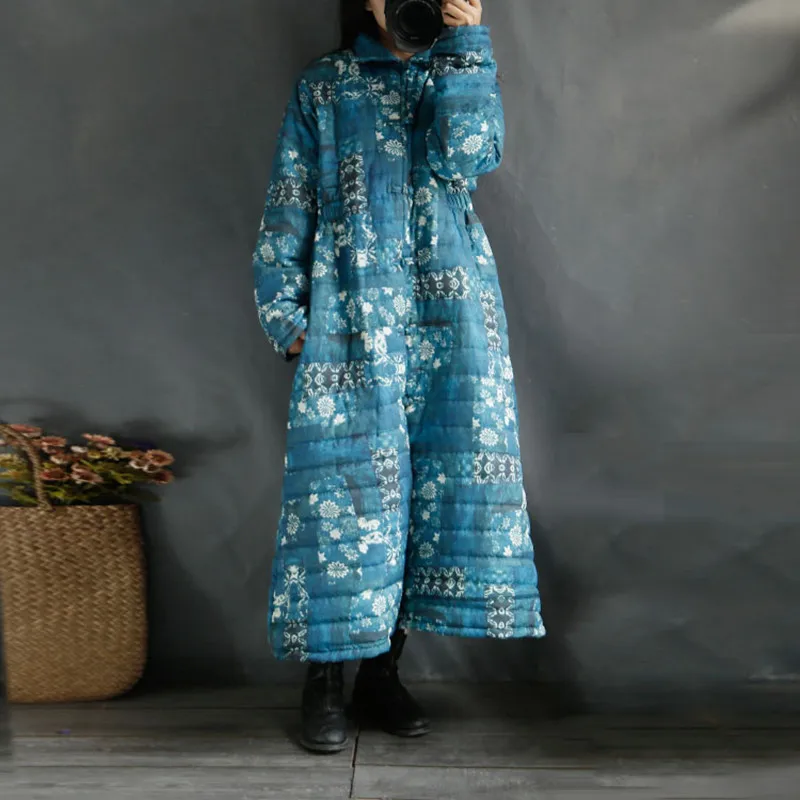 

Johnature New 2019 Vintage Floral Print Thicken Winter Warm Long Parkas Coats Women Stand Collar Loose Blue Plus Size Coats