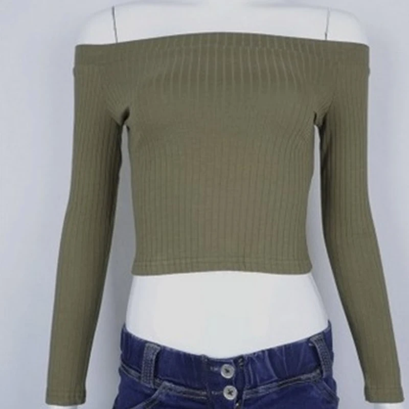 Женский вязаный свитер в рубчик с открытыми плечами, укороченный топ с длинным рукавом, пуловер, женские свитера, весна-осень, тонкий женский джемпер - Цвет: Армейский зеленый
