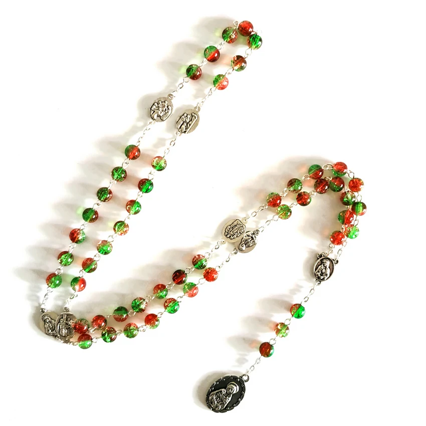 

New Fashion SEVEN SORROWS Religious Red Green Imploding Acrylic Beads Chain Rosary Necklace