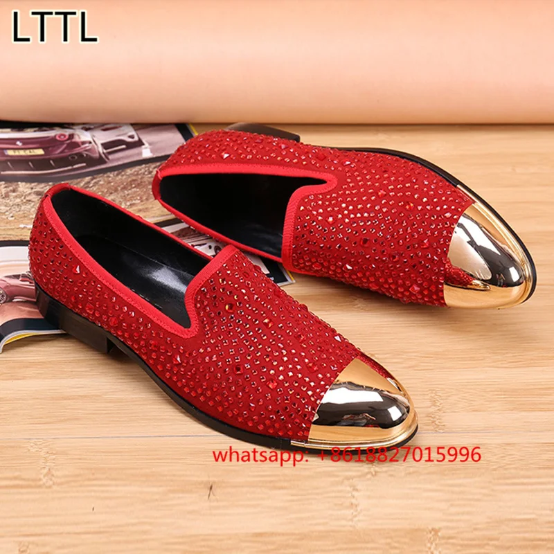 Luxury Handcrafted Rhinestone Gold Metal Toe Smoking Loafers Men Party Wedding Dress Shoes Slip On Men's Flats Zapatos Hombre