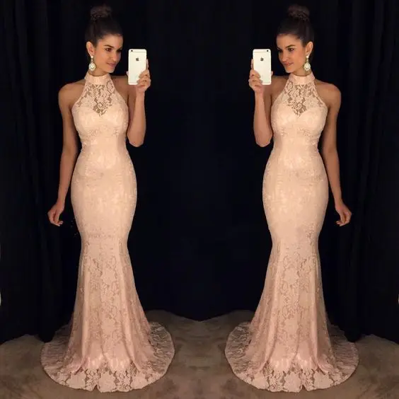 

sexy lace solid trumpet sleeveless empire off the shoulder halter new dresses spring mermaid banquet female dresses