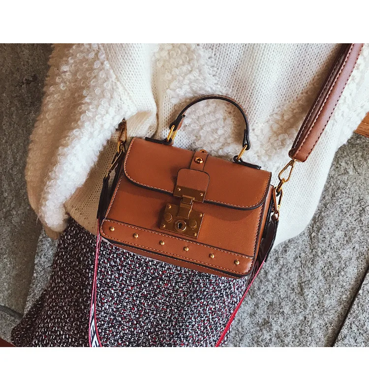 Women Vintage Leather Handbag Small Rivets Flap Shoulder Bag Colorful Wide Strap Crossbody Bag for Girls Green Brown Black Purse  (14)