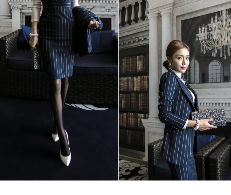OL офисные женские костюмы в полоску из 2 предметов Элегантный женский пиджак+ модные платья-футляр Femme