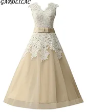 Gardlilac V neck Knee Length Lace Short Wedding Dress Champagne White Short Bridal Gown with sashes Lace Short Prom Gown