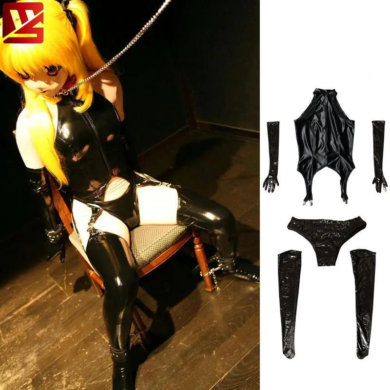 

MEISE Anime Cosplay PVC Shiny Bandage Maid Bodysuit Black Grater Catsuit With Glove Stockings Erotic Lingerie For Women 4PCS/Set