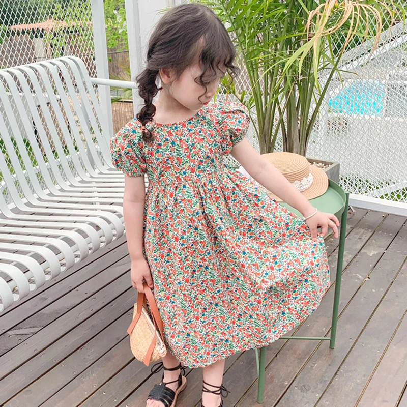 Новое летнее платье для девочек детская одежда с цветочным принтом платье с открытой спиной Открытое платье в стиле ретро LZ301