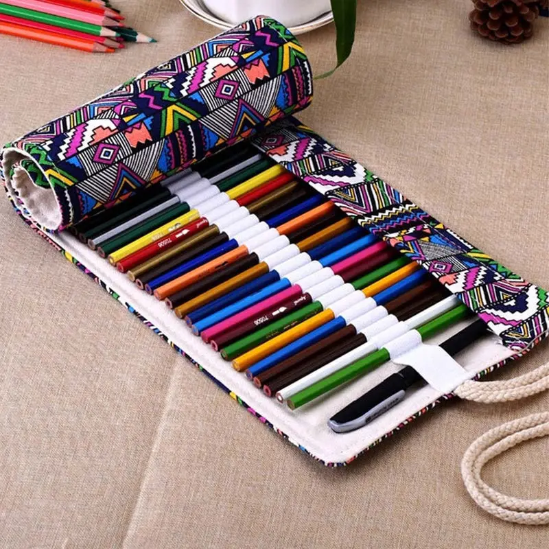 

32/48/72 Hole Canvas Wrap Roll Up Pen Cosmetic Bag Holder Storage Pouch Ethnic Style Pencil Box
