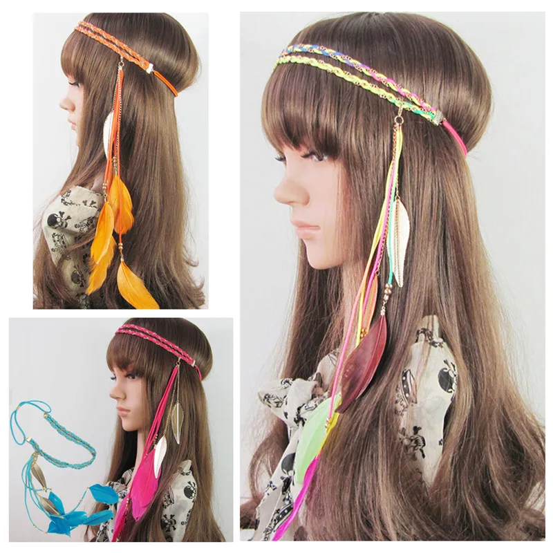 subterraneo Compañero Ingenieria Accesorios para el cabello banda India Pavo Real pluma colgante de la hoja  de cuerda cinturón de punto elástico Hairband joyería HO450911 _ -  AliExpress Mobile