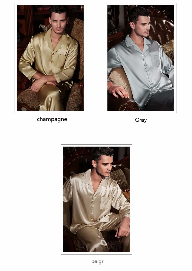 Новые весенние мужские шелковые пижамы высокого качества 100% натуральный шелк пижамы брюки наборы с длинным рукавом 2 шт. пижамы мужские