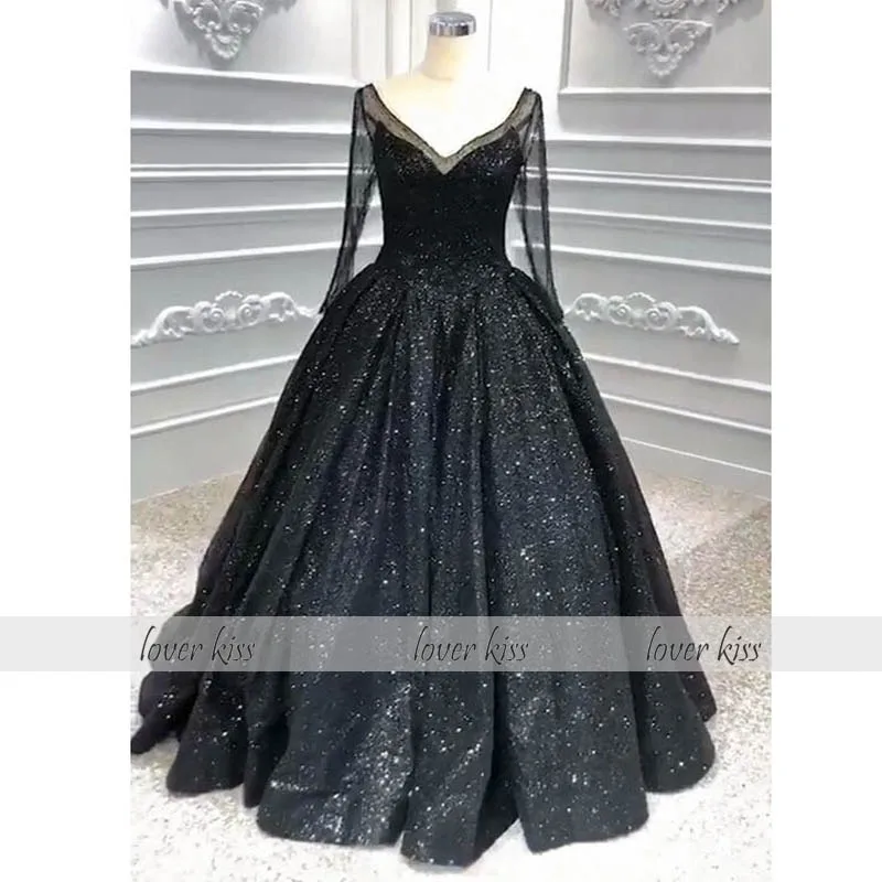 Lover Kiss vestido de novia Потрясающие Готические свадебные платья черные с длинными рукавами Блестящий лиф v-образный вырез, свадебные платья с корсетом на спине