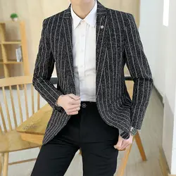 Фирменная Новинка 2019 Весенняя мода полосатый Блейзер Для мужчин Slim Fit One Button Повседневное пиджаки Свадебная вечеринка Для мужчин Стильный