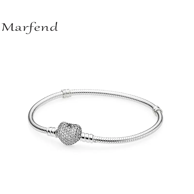 

Marfend Fine Sterling Silver 925 Snake Chain Paved CZ Love Heart Charm Bracelet & Bangle Fit Original brand Jewelry 16cm-21cm