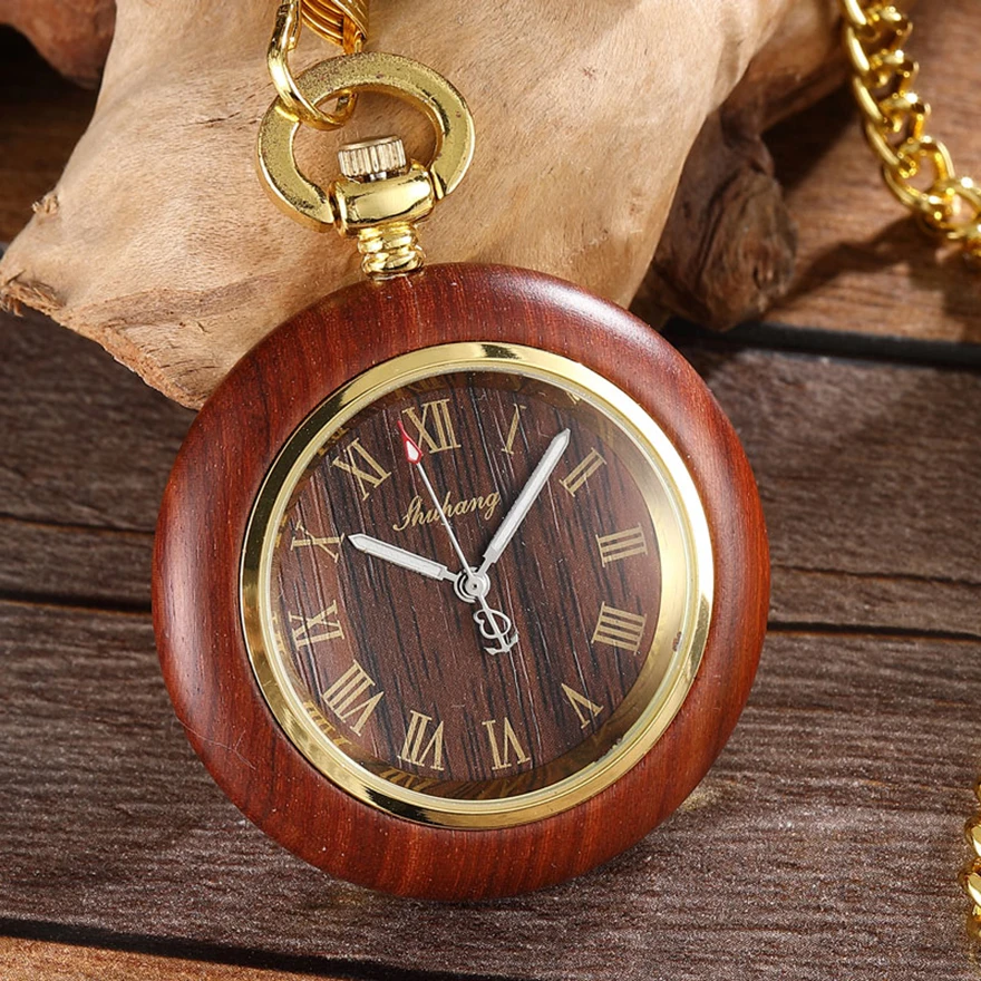 Красные Розовые карманные часы с отделкой из дерева кварцевые поясные часы золотая цепочка высокого качества римские цифры светящиеся