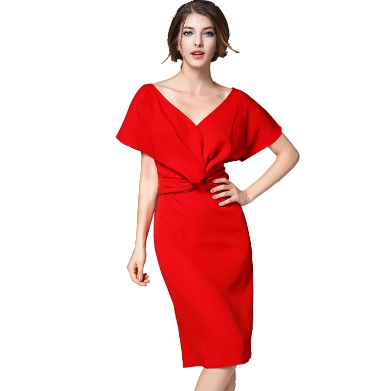 Fashion high quality sexy open V back bow slim placketing women lady summer party club one-piece women lady dress D1506