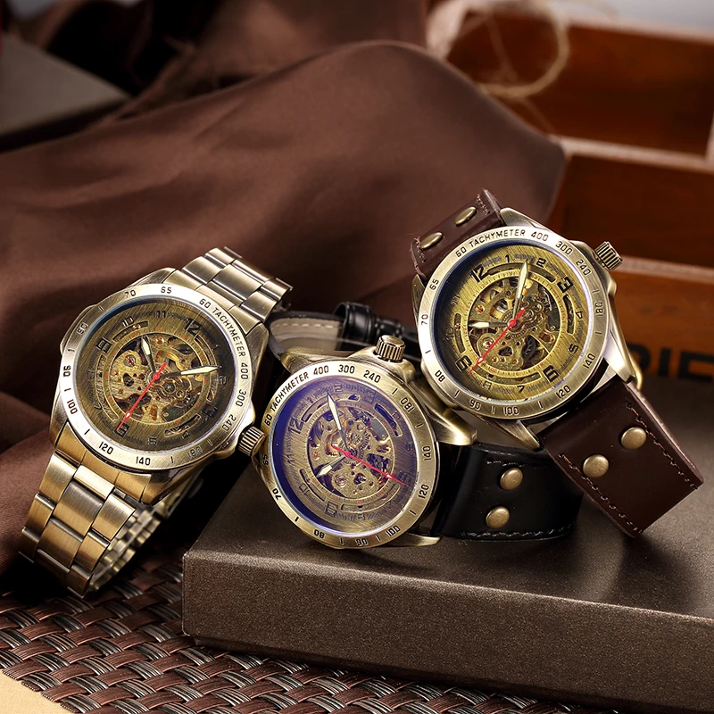 Leather Male Mechanical Watch Men Automatic Steampunk Watch Mens Skeleton  Watches Bronze Transparent Vintage Sport Wristwatch 