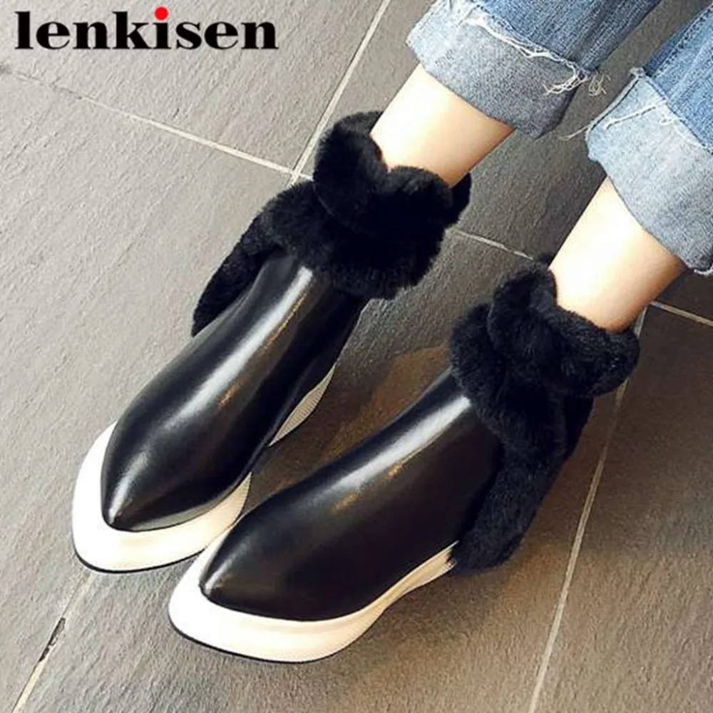 

Lenkisen vintage natural leather pointed toe soft rabbit fur thick med bottom platform zipper european designer snow boots L0f8