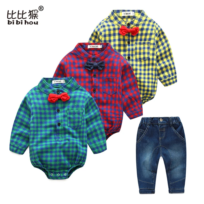 

Spring Autumn Baby Boy Clothes roupa infantil Romper Long Sleeve romper + jean gentleman baptism baby body suits baby clothes