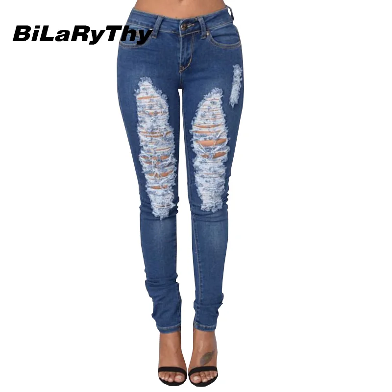 Bilarythy Skinny Women Blue Jeans Low Waist Washed Ripped Holes