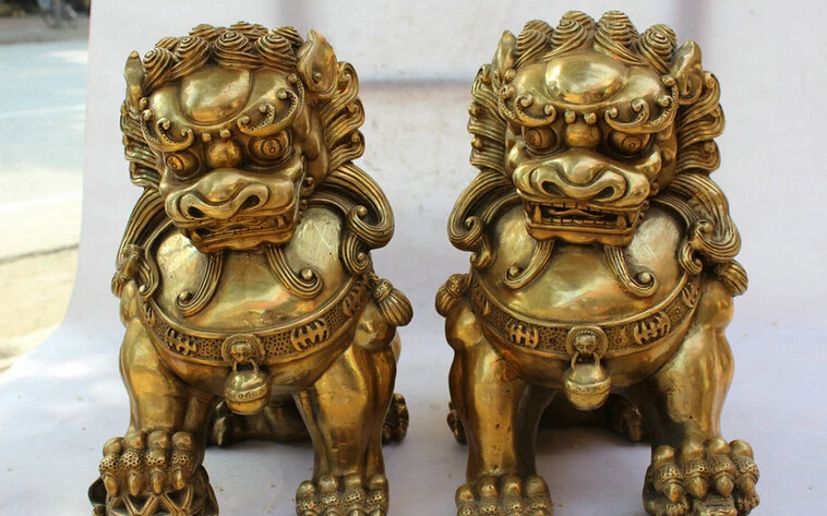 

JP S62 16" Chinese Fengshui Brass Door Fu Foo Dog Guardion Lion Ball Son Statue Pair B0403