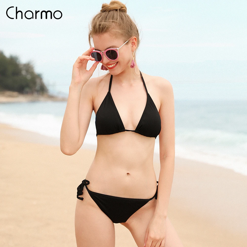 Женский купальник с заниженной талией Charmo однотонное бикини лямкой на шее