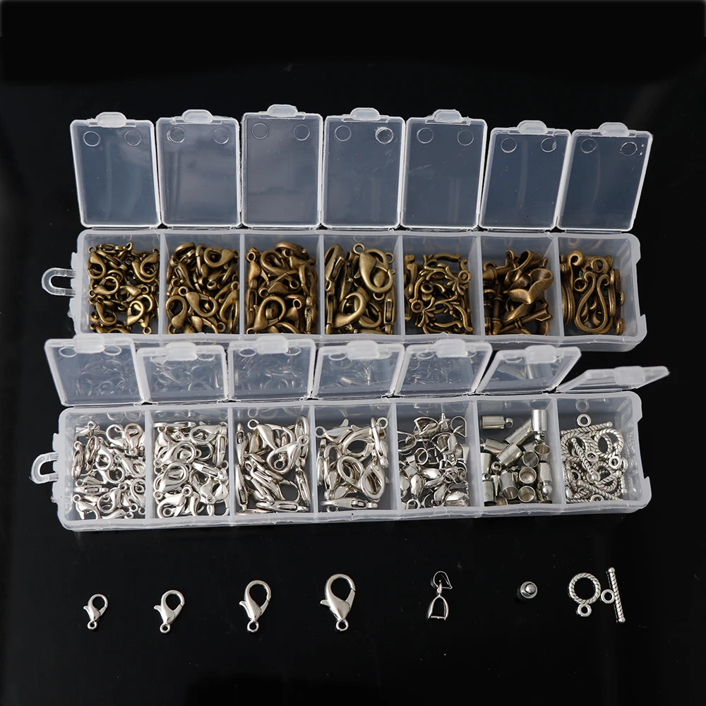 

1 Box About 131pc Bronze Sliver Color Crimp End Caps OT Lobster Clasp Hooks Ends Fastener Clasp Jewelry Making Sets Tool Kits