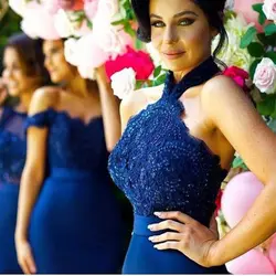 2018 Темно-синие с открытыми плечами платье подружки невесты es Формальные Свадебная вечеринка платье с кружевной аппликацией эластичный