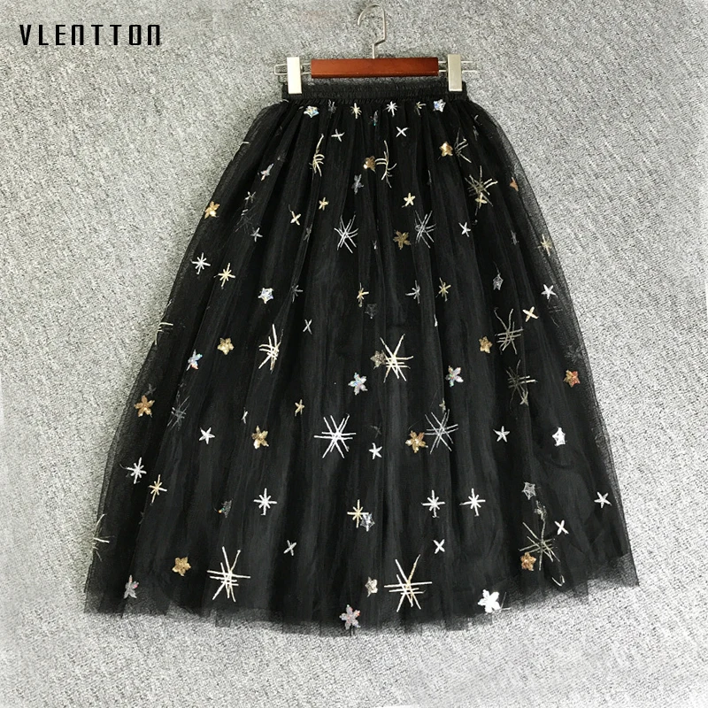 

2019 New Tulle Skirt Women Embroidery Sequins Mesh High Waist Skirt Female Spring summer Casual A-line Tutu Women's Skirt
