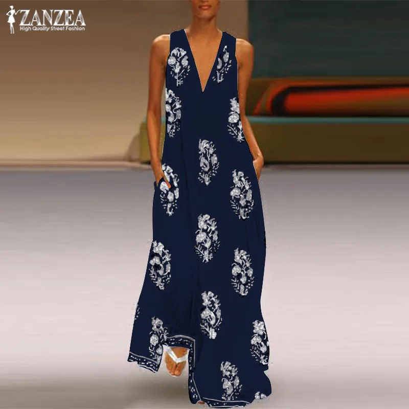 

ZANZEA 2019 Bohemian Print Dress Women's Summer Sundress Fashion Sexy V Neck Sleeveless Maxi Vestidos Female Floral Robe Femme