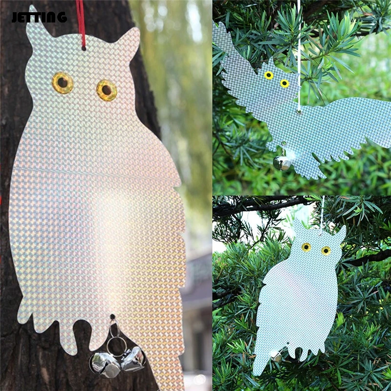 

1pc Fake Owl Bird Scare Repellent Reflective Hanging Device With Tinkling Bells Garden Hanging Supplies